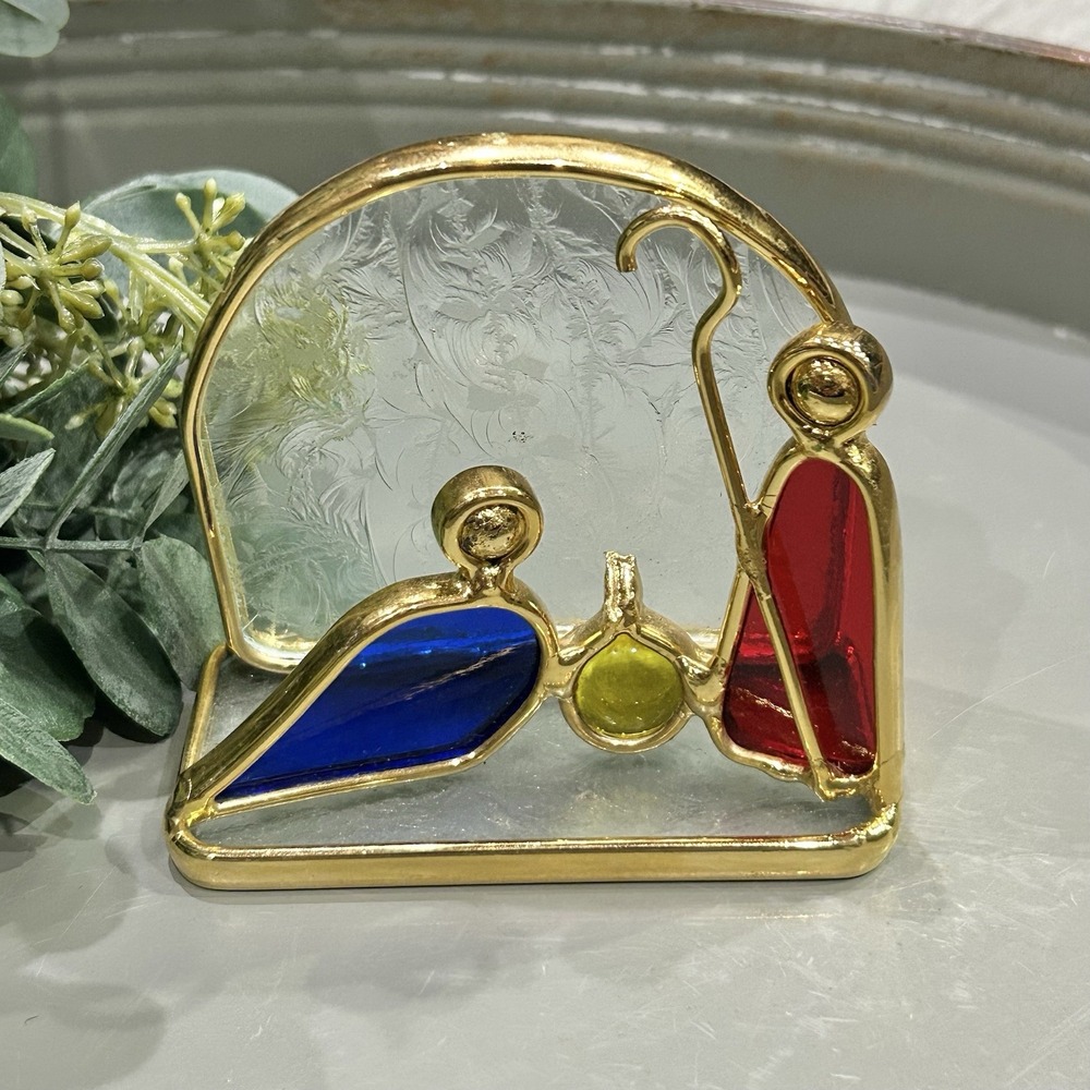 Stained Glass Nativity Scene Mary Joseph Jesus Christmas Glass Gold Metal Arch
